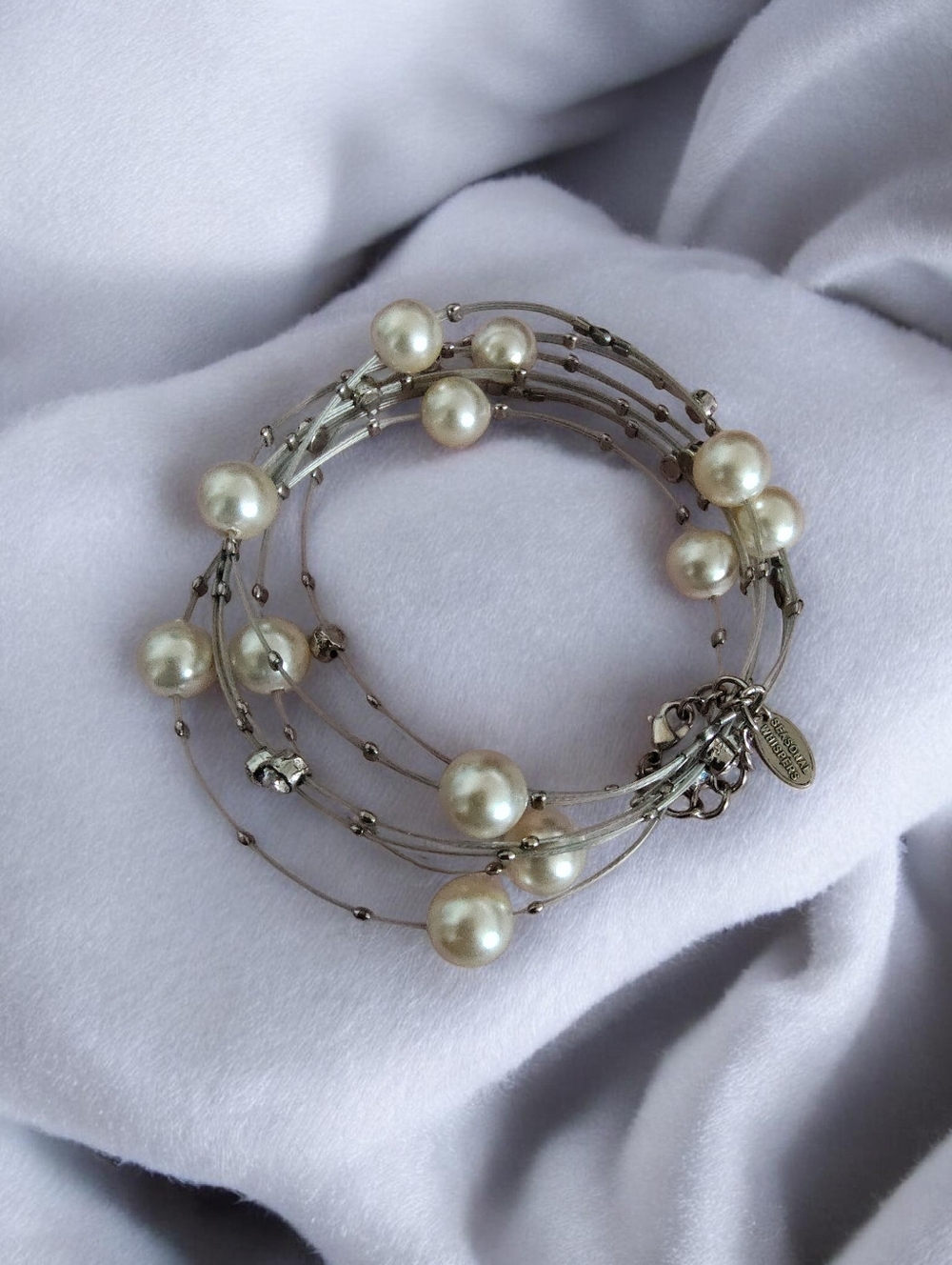 Seasonal Whispers Multi Strand Faux Pearl Bracelet Silver Tone Rhinestone Accent